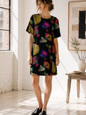 Georgiou Silk Dress Womens S Black Abstract Art Print Midi 90s Shift Vintage